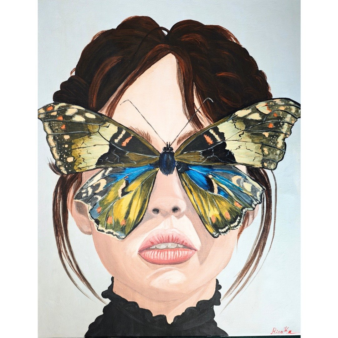 带着彩色蝴蝶的女性肖像画 由 RinaArtSK 手绘原创艺术作品 - 墙贴/壁贴 - 其他材质 多色