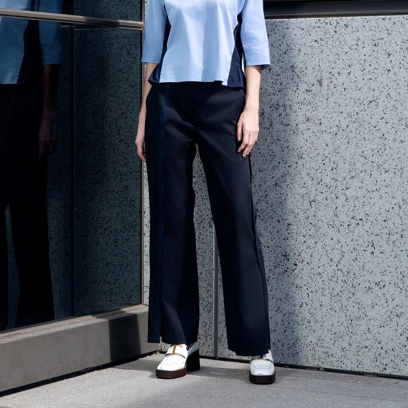 依稀配色织带开衩直筒裤 - 女装长裤 - 棉．麻 蓝色