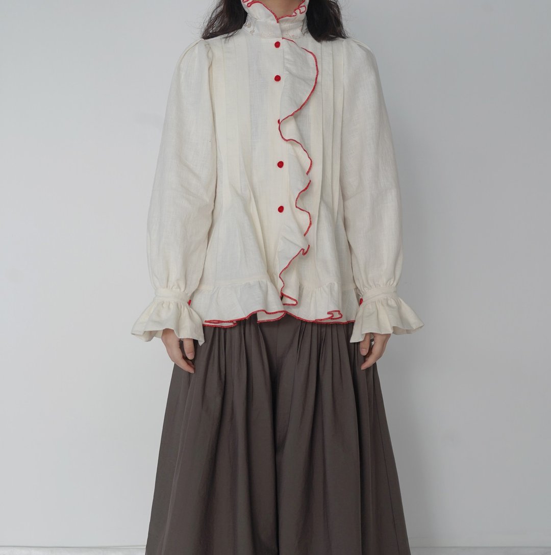 【文艺】古典复古风/红边密拷衬衫 - 女装衬衫 - 棉 白色