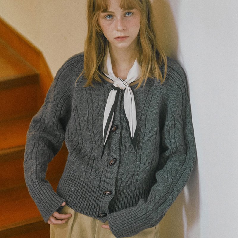 复古绞花羊毛针织开襟衫_灰色 - 女装针织衫/毛衣 - 羊毛 灰色