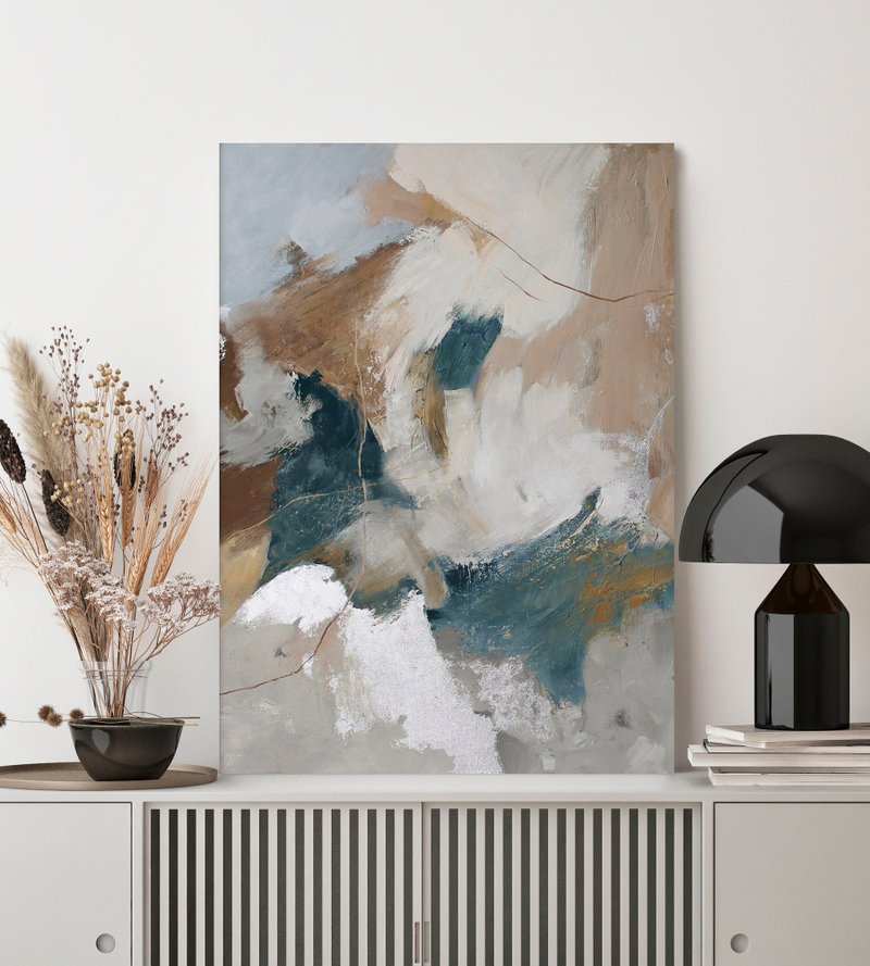灰米色画作 | 米灰色抽象墙艺术 | 灰色米色艺术 | 蓝色丝绒 - 墙贴/壁贴 - 棉．麻 蓝色
