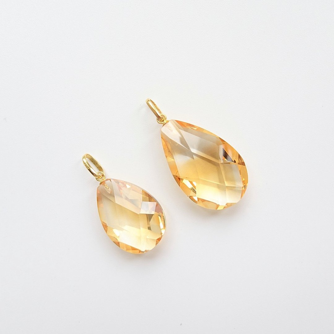 限量现货 - 天然优质黄水晶 大号扁水滴切割 古董纯 14K 金坠 - 项链 - 半宝石 黄色