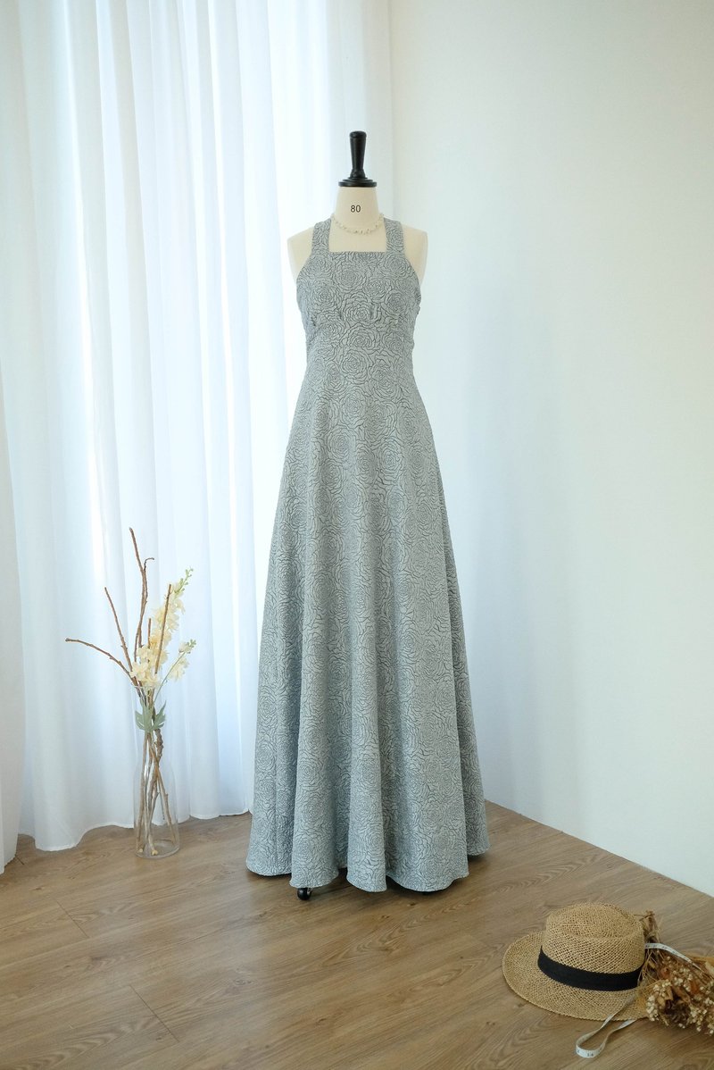 出席活动服装厚提花布料，蓝，灰色，花痴图案，长裙。 - 洋装/连衣裙 - 聚酯纤维 蓝色