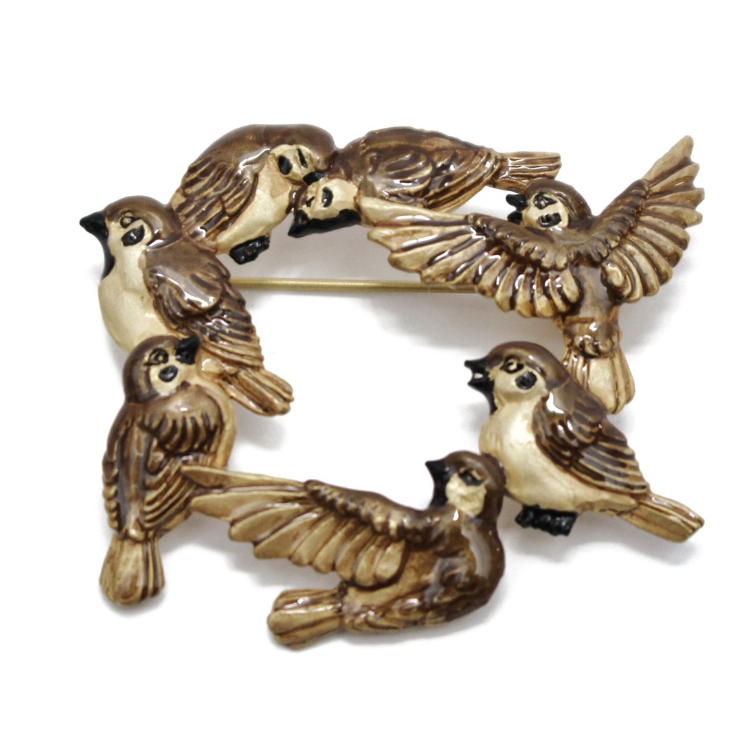 Sparrow's Meeting Pin Brooch PB093 - 胸针 - 其他金属 咖啡色