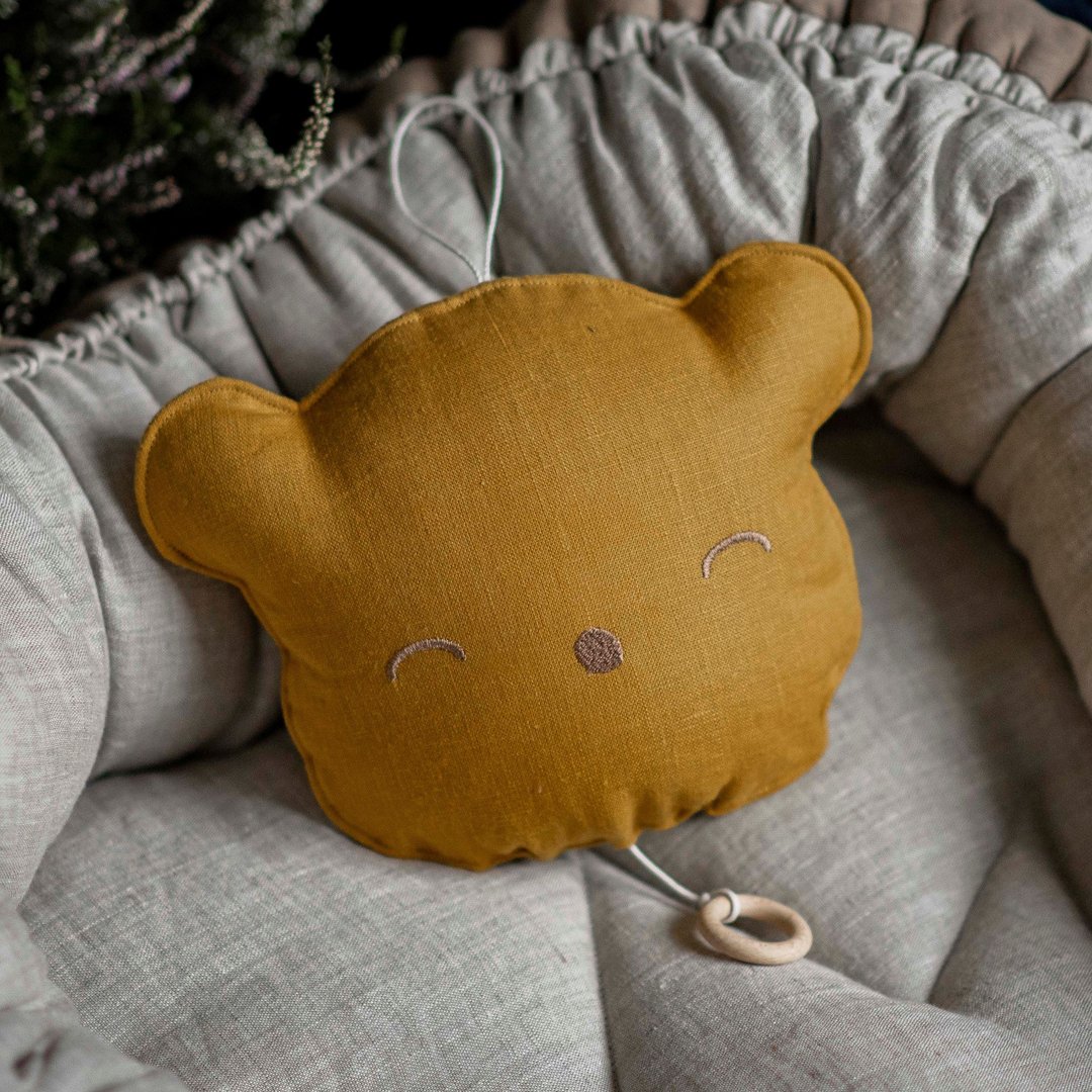 Musical toy lullaby teddy bear pillow for baby - Mustard nursery mobile - 玩具/玩偶 - 亚麻 橘色