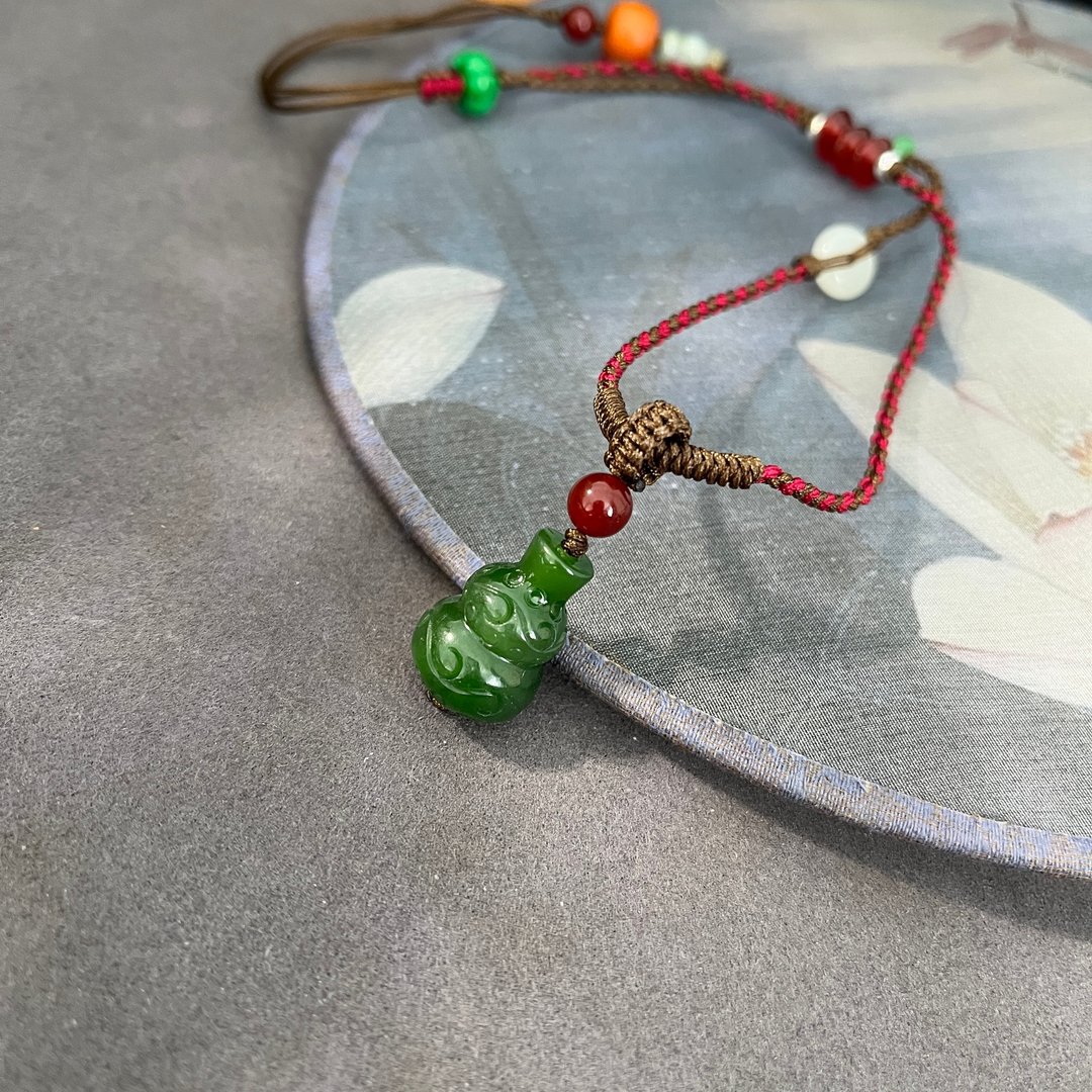 鹿鸣原创 天然新疆碧玉 和田玉 蜜蜡 老玛瑙 葫芦锁骨链项链 孤品 - 项链 - 玉石 