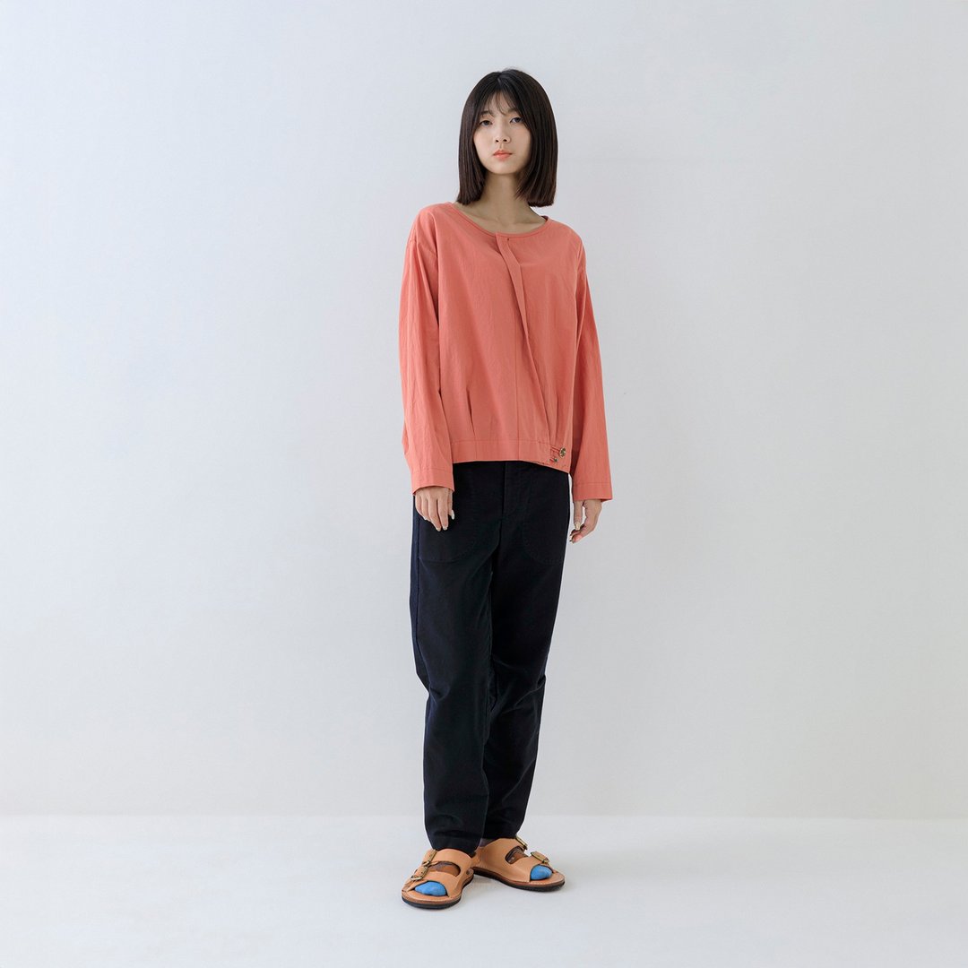 柔装装饰斜褶双扣上衣 - 女装上衣 - 棉 红色