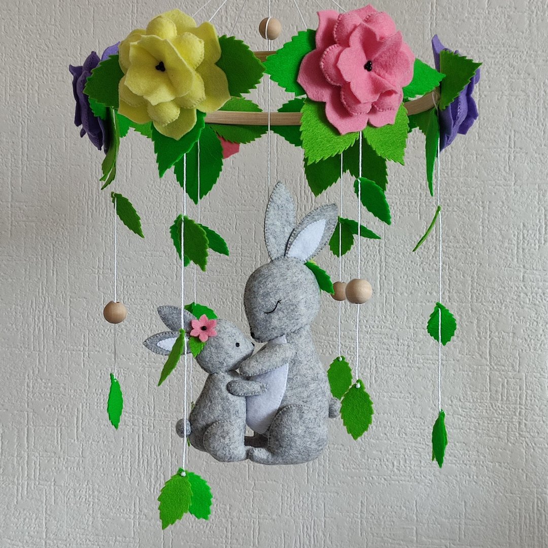 Bunny baby mobile, girls nursery decor, flower crib mobile, pregnancy gift - 玩具/玩偶 - 环保材料 多色