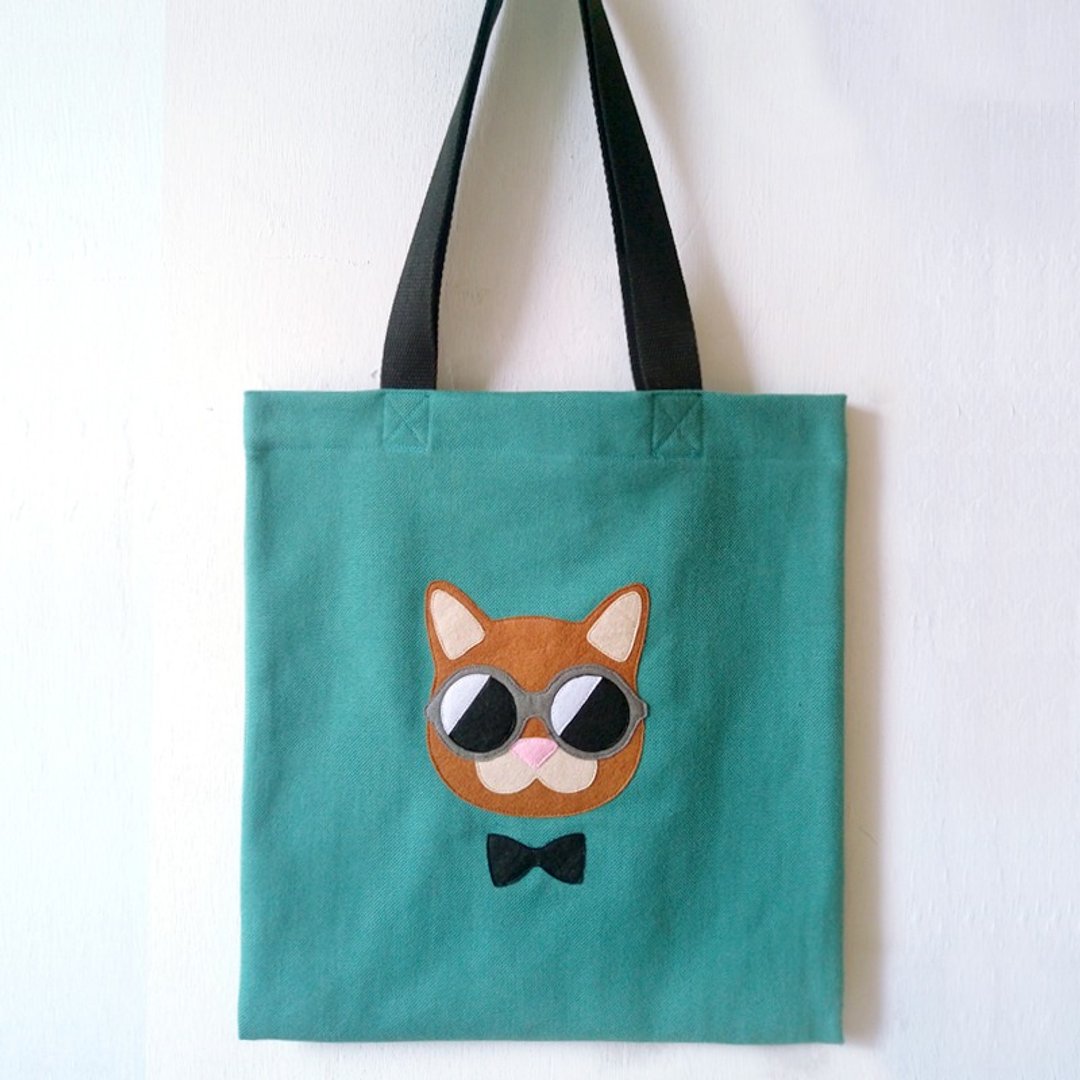 墨镜侦探猫, 厚帆布布袋, 全人手制Tote Bag - 手提包/手提袋 - 棉．麻 绿色