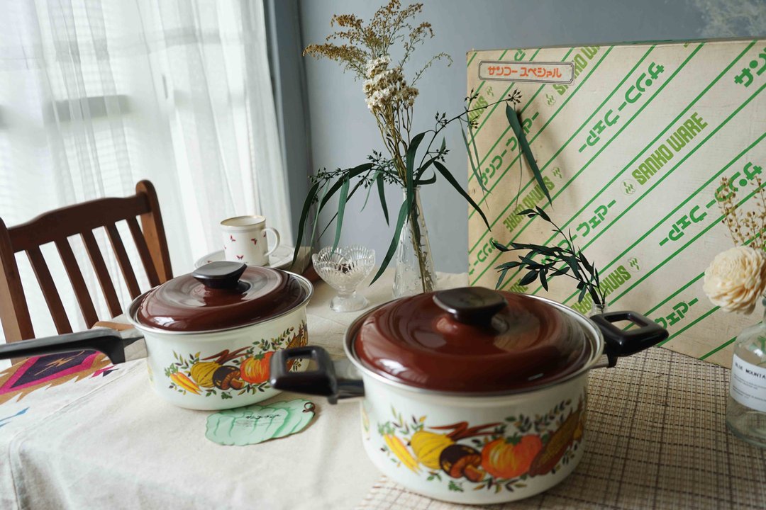 日本杂货-昭和时代全新品-每日五蔬果珐琅硬质手柄锅 - 锅具/烤盘 - 珐琅 咖啡色