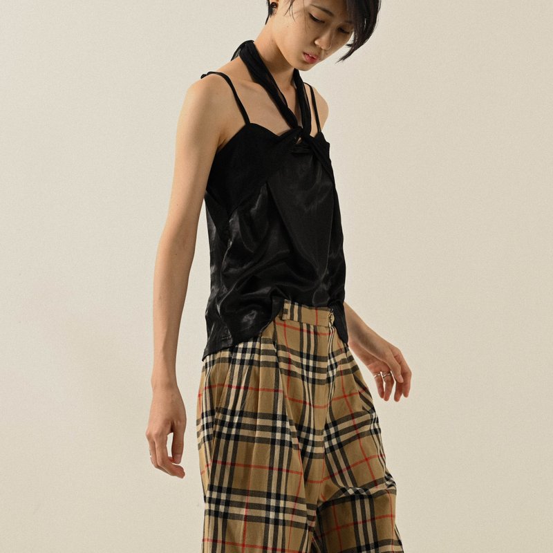 【NaSuBi Vintage】缎面绑带细肩带古着上衣 - 女装背心 - 其他人造纤维 黑色
