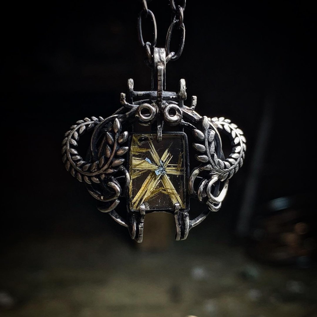 钛金花/发金/钛金项链/丰收之神/天然矿物/发晶项链/金发晶 - 项链 - 纯银 金色