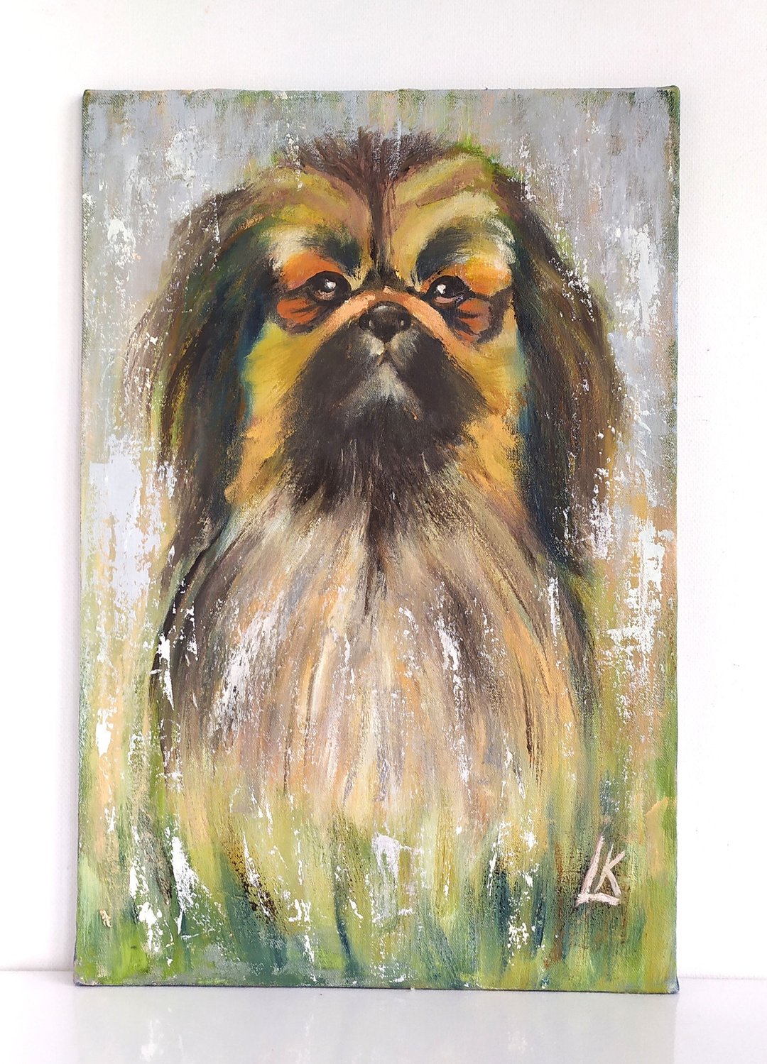 手绘柴犬油画，画板创作，宠物肖像，30x20 厘米，动物艺术 - 墙贴/壁贴 - 其他材质 灰色