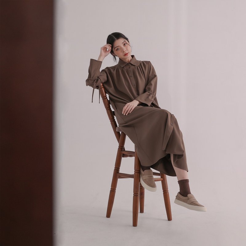 【经典原创】Chin Shih_侵蚀不对称衬衫洋装_CLD513_棕 - 洋装/连衣裙 - 聚酯纤维 咖啡色