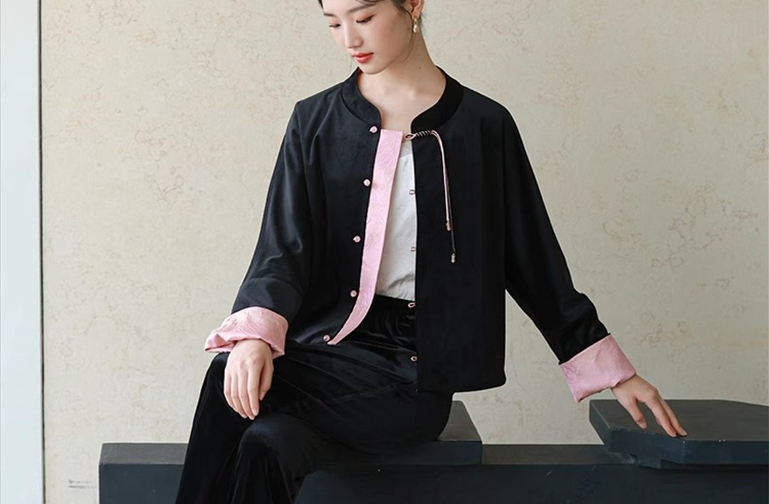 粉墨 新中式中国风 唐装对襟盘扣丝绒 短外套/褲子 - 女装上衣 - 其他材质 黑色