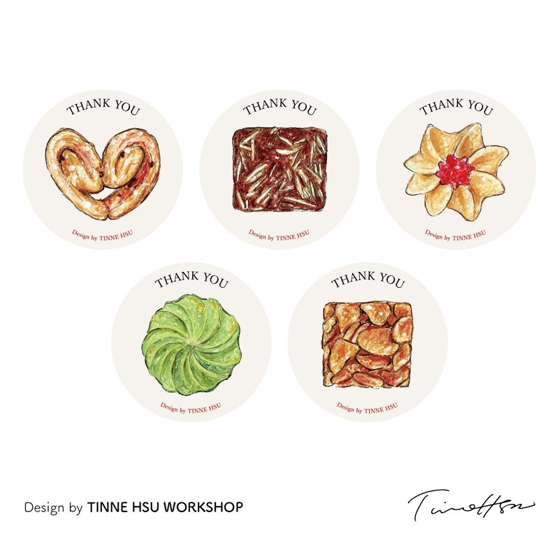 【定制化商品】综合饼干贴纸 5款 2.5厘米 圆形 包装贴纸 - 贴纸 - 防水材质 