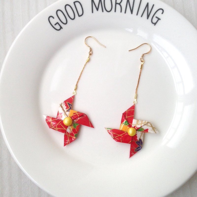 【14k包金耳钩❤️蛇骨链❤️风车】和风风车无耳洞耳环耳夹式耳钩耳线 - 耳环/耳夹 - 防水材质 红色