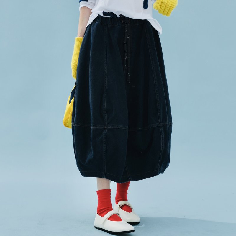 深蓝水洗牛仔灯笼裙 / 裙子 - 裙子 - 棉．麻 蓝色