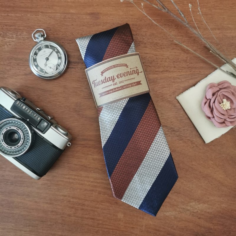 Necktie Navy Copper and White Stripe - Woven brick | 8cm - 领带/领带夹 - 聚酯纤维 多色