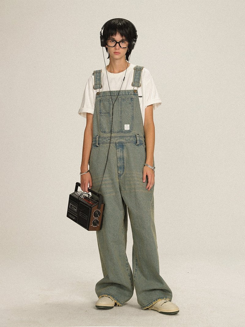 UNVENSO 青涩 重工洗水做旧宽松背带牛仔裤直筒复古工装 TR-3158 - 男士长裤 - 棉．麻 蓝色