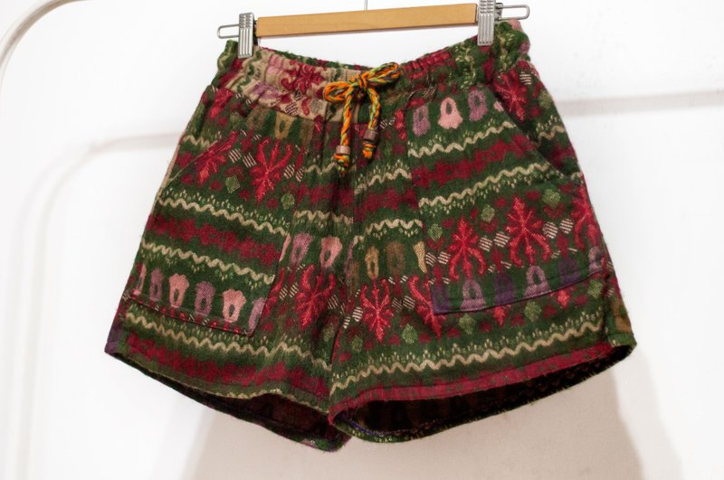 女装民族风拼接毛呢短裤 针织短裤-绿色草原 东欧几何民族风图腾 - 女装短裤 - 羊毛 绿色