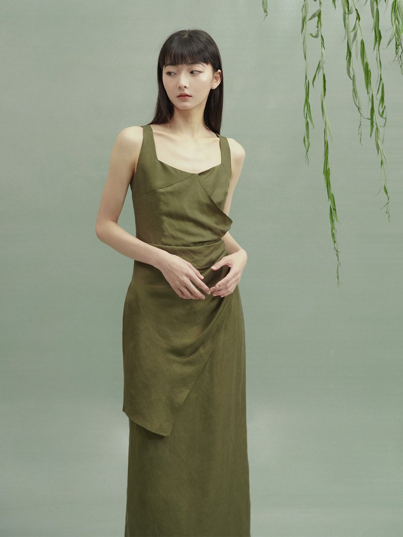 方领无袖抽褶中式洋裝 - 洋装/连衣裙 - 其他材质 绿色