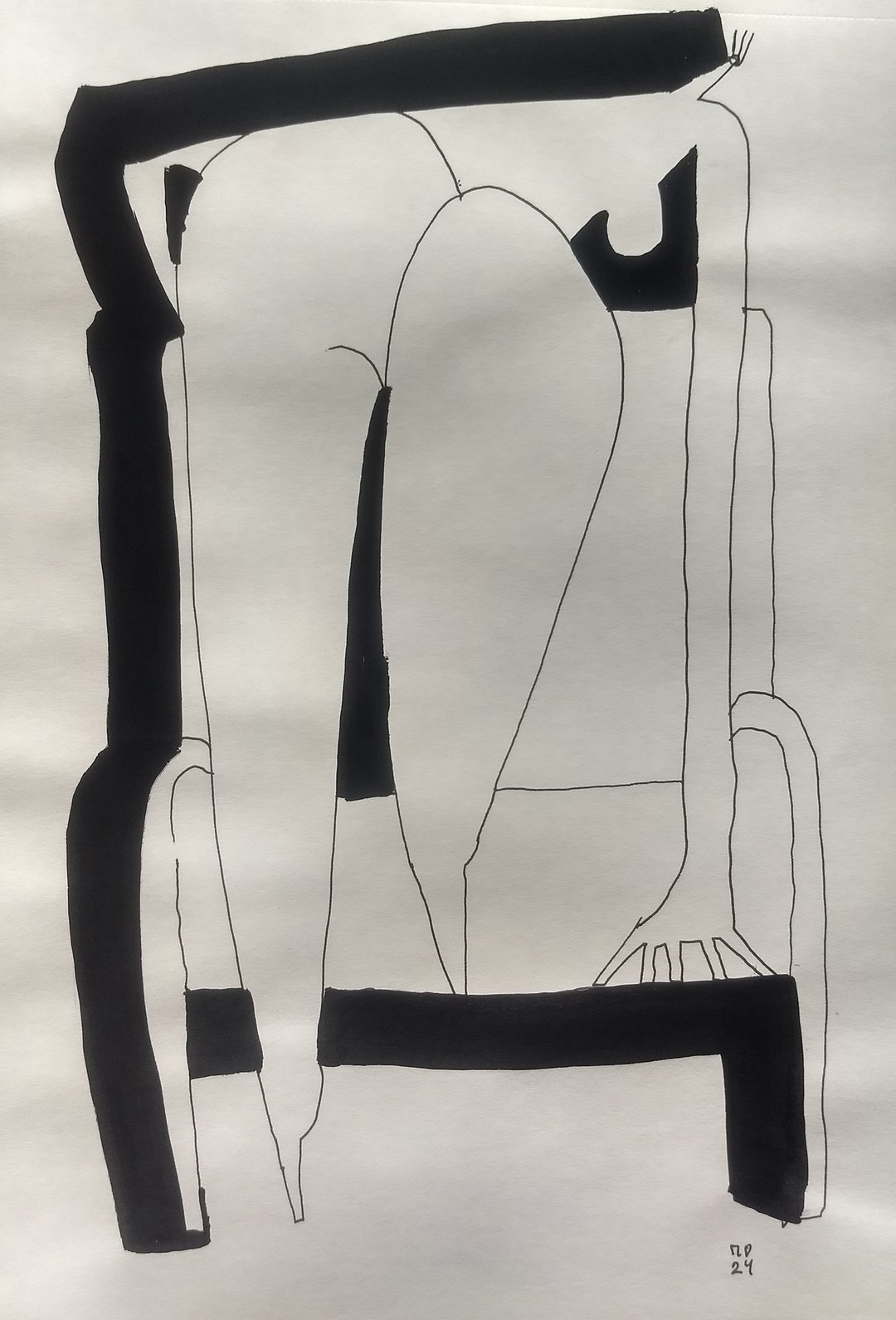 抽像极简主义立体派墨水画，描绘坐在椅子上的裸女，墨水画 - 海报/装饰画/版画 - 纸 银色