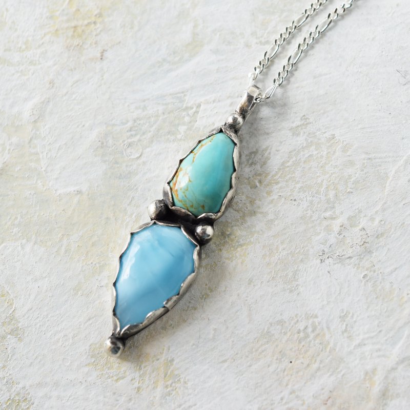 Larimar and Turquoise Necklace Silver 925 Natural Stone - 项链 - 宝石 