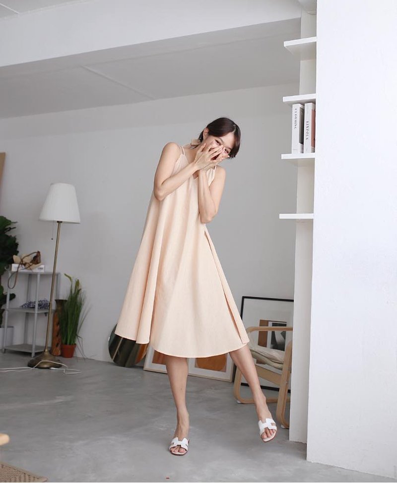 Gypso 棉麻质无袖洋装 (含缎带) - 米白色 - 洋装/连衣裙 - 亚麻 咖啡色