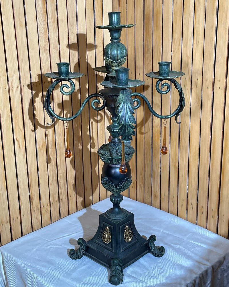 古典欧式五头烛台 锻铁 金箔羽毛 水晶珠 金箔 柱式 摆件 复古 - 摆饰 - 其他材质 咖啡色