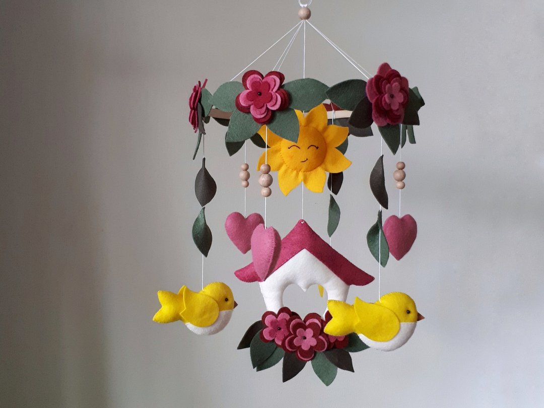 Flower & bird mobile baby nursery decor crib, cot mobile, baby shower gift - 玩具/玩偶 - 环保材料 多色