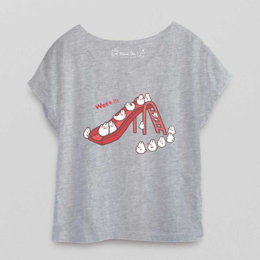 麻糬兔weee疯狂溜滑梯 T-shirt - 女装短裤 - 棉．麻 灰色