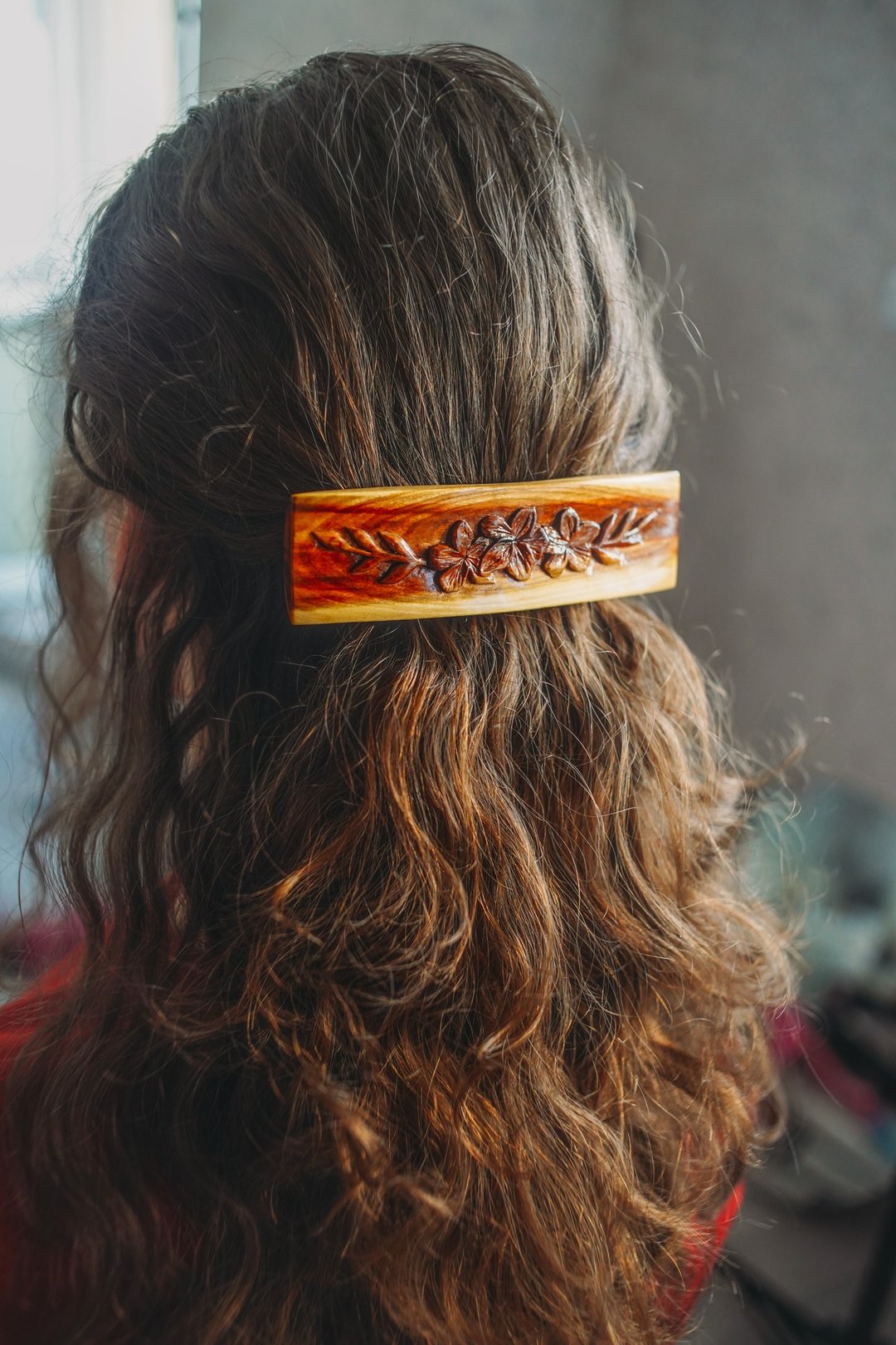 Flower hair barrette, wood hairpin or  barrete for long curly hair or dreadlocks - 发饰 - 木头 咖啡色