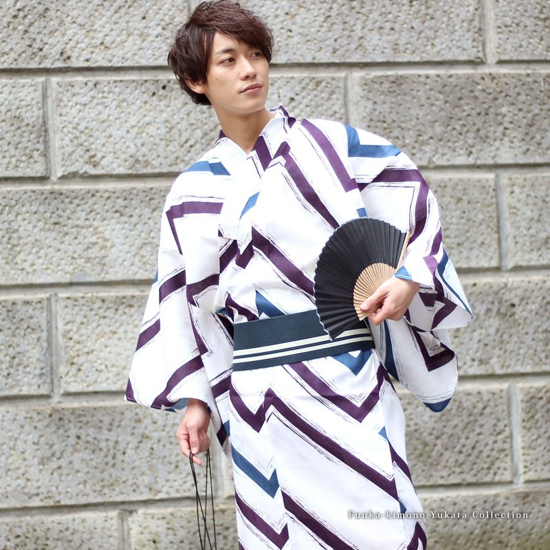 日本 和服 男 浴衣 腰封 2 件 套组 绵麻 L Z16-107a yukata - 其他 - 棉．麻 白色