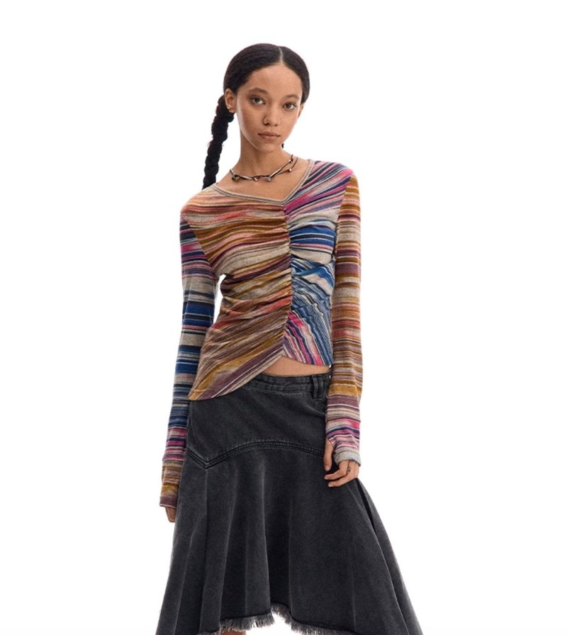 美式复古 穿梭 彩色条纹拼接 不对称抽褶紧身上衣 - 女装上衣 - 其他材质 多色