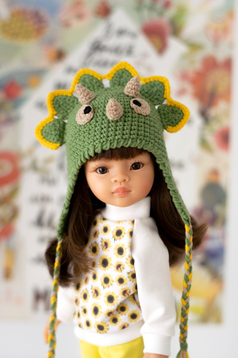 Dinosaur hat for doll Paola Reina, Siblies, Little Darling, animals hat, 针织帽 - 玩具/玩偶 - 棉．麻 绿色
