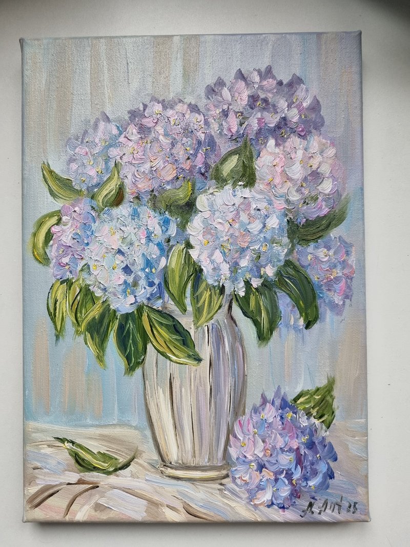 花卉原创油画 厚重涂布花卉绣球花艺术品 - 墙贴/壁贴 - 棉．麻 蓝色