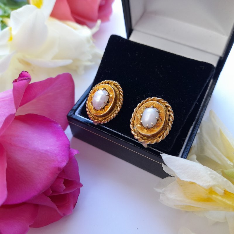 1950s仿维多利亚时代风格 螺丝夹式复古珍珠耳环 - 耳环/耳夹 - 其他金属 金色