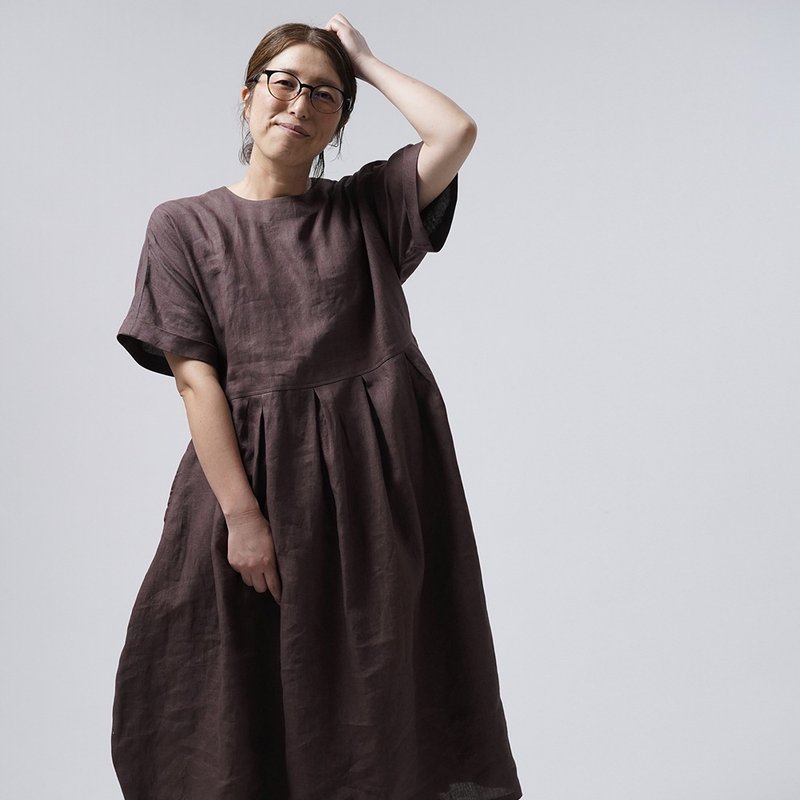 wafu [Linen dress] I like Coco Fluffy round silhouette / Maroon a054a-mro1 - 洋装/连衣裙 - 棉．麻 咖啡色
