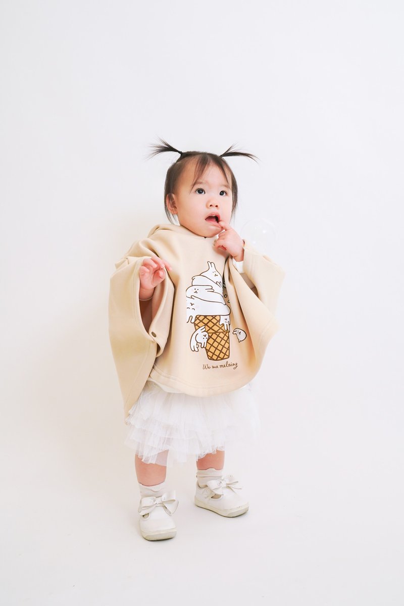 Kid-麻糬兔冰淇淋-小孩厚款斗篷帽衣(卡其) - 童装外套 - 棉．麻 卡其色