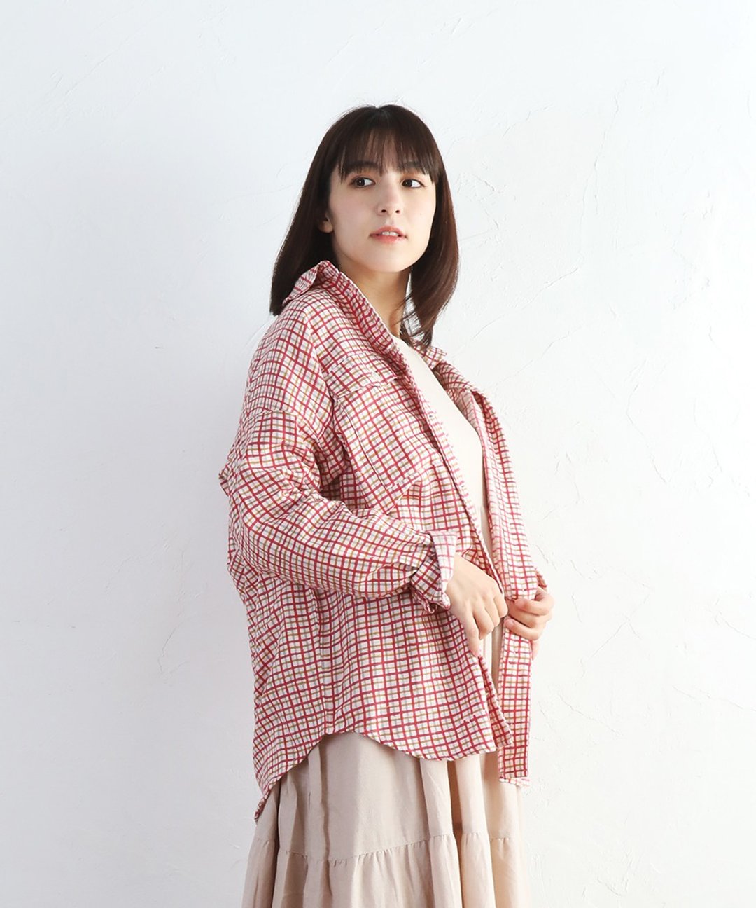 Stripe check caddy wide shirt - 女装衬衫 - 棉 红色