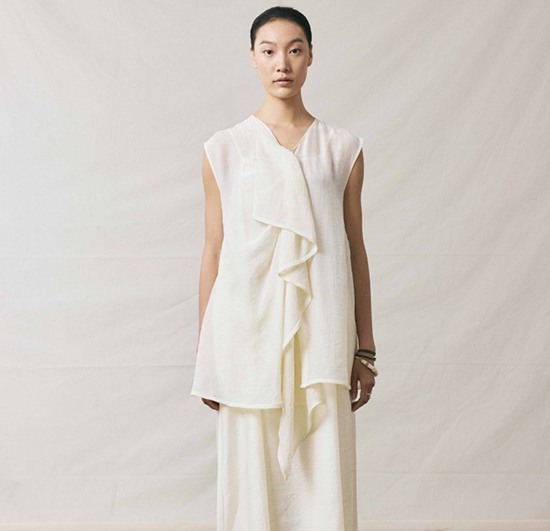 【微透松弛】新中式复古 荷叶边氛围感/无袖背心 - 女装背心 - 其他材质 白色