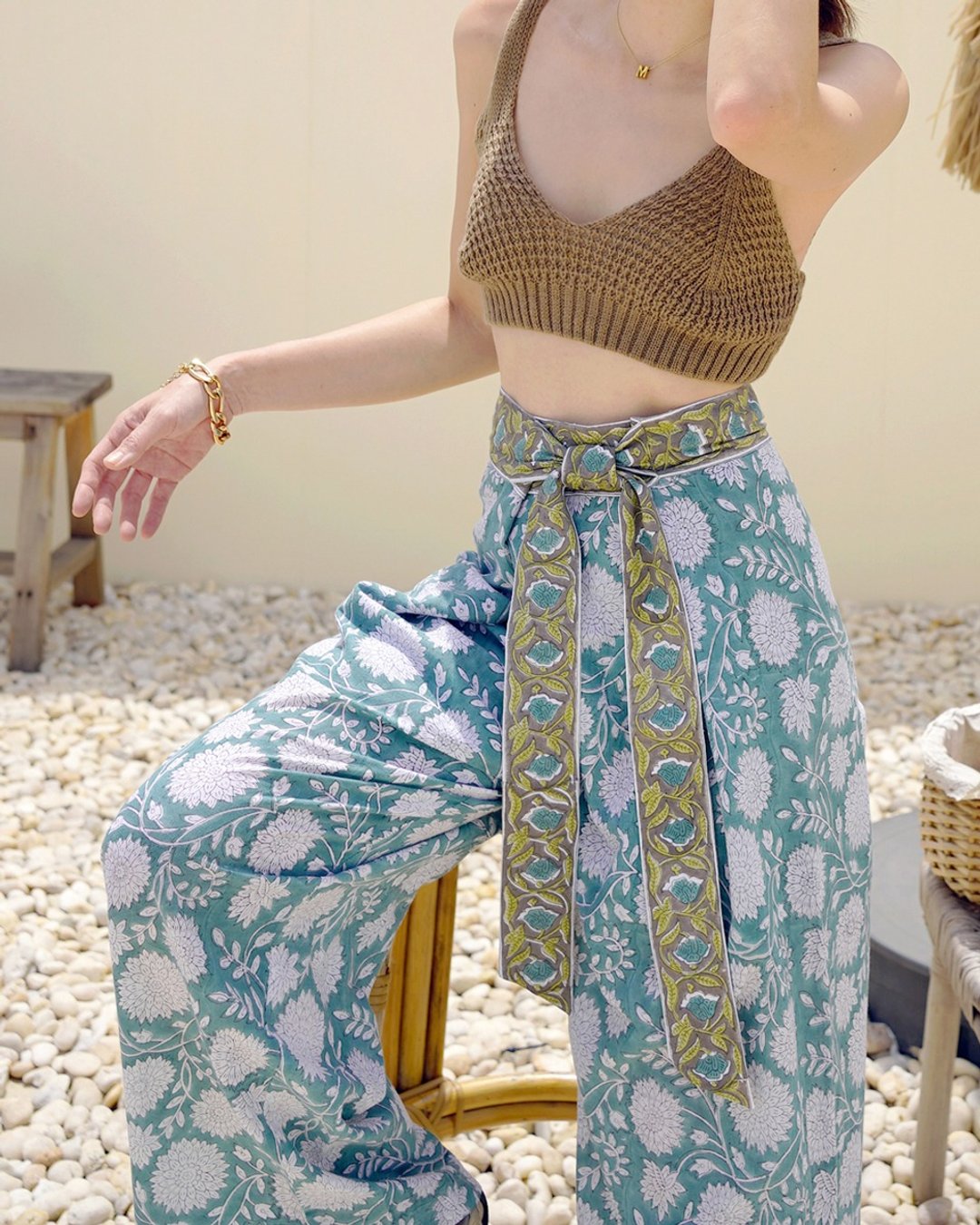 Marine Wrap Pants - 木刻碎花阔腿裤 - 女装长裤 - 棉．麻 蓝色