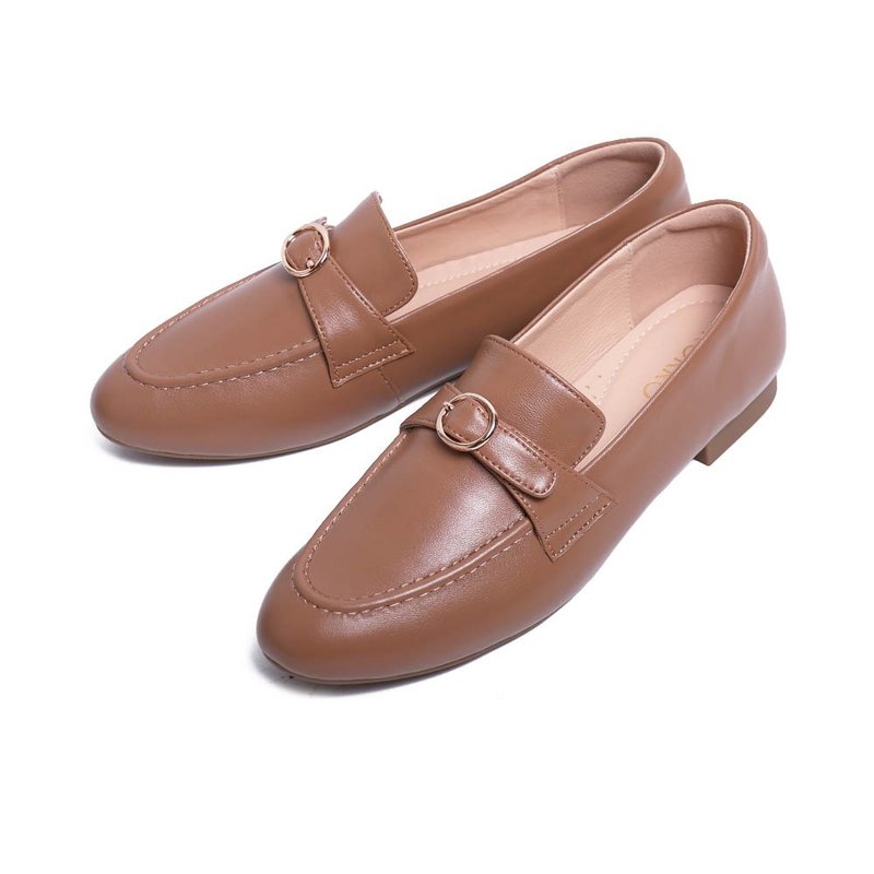 都会优雅圆扣超软Q乐福鞋棕色 - 女款牛津鞋/乐福鞋 - 真皮 咖啡色