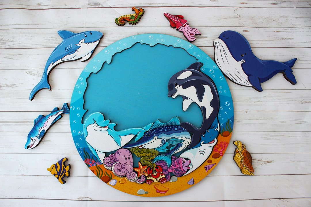 Wooden Puzzle - Ocean Life whales, Montessori Toddler Toys for Age 2 3 4 5 year - 玩具/玩偶 - 木头 金色