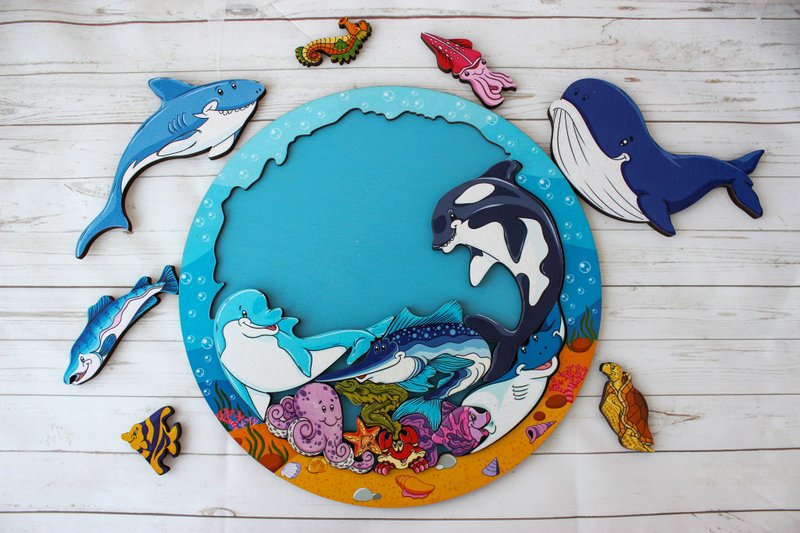 Wooden Puzzle - Ocean Life whales, Montessori Toddler Toys for Age 2 3 4 5 year - 玩具/玩偶 - 木头 金色
