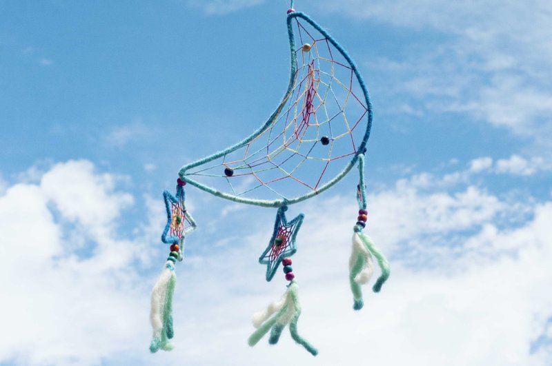 生日礼物编织棉麻彩虹色捕梦网吊饰 - 缤纷段染蓝色系 月亮与星星 - 摆饰 - 羊毛 蓝色