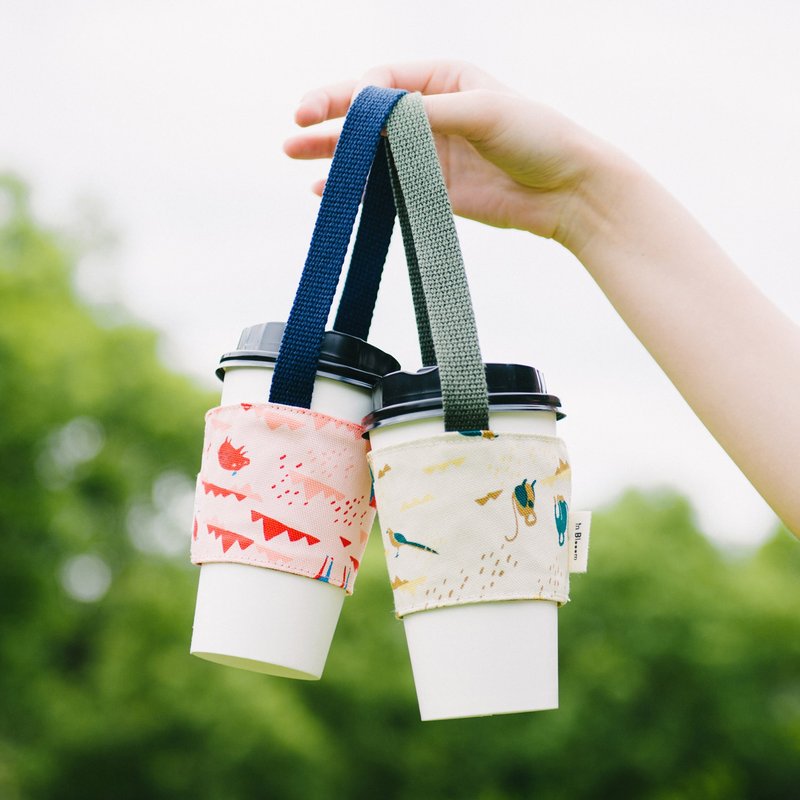 【有机棉】饮料杯提带/两件组/山中健行/风土黄褐+花卉蓝红 - 随行杯提袋/水壶袋 - 棉．麻 多色
