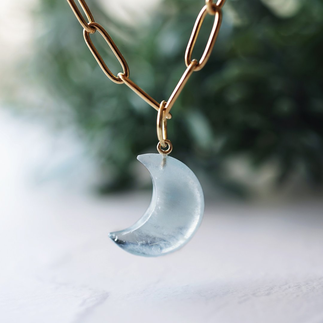 海蓝宝石月亮和手术不锈钢壁炉架项链 Moon rain - 项链 - 宝石 蓝色