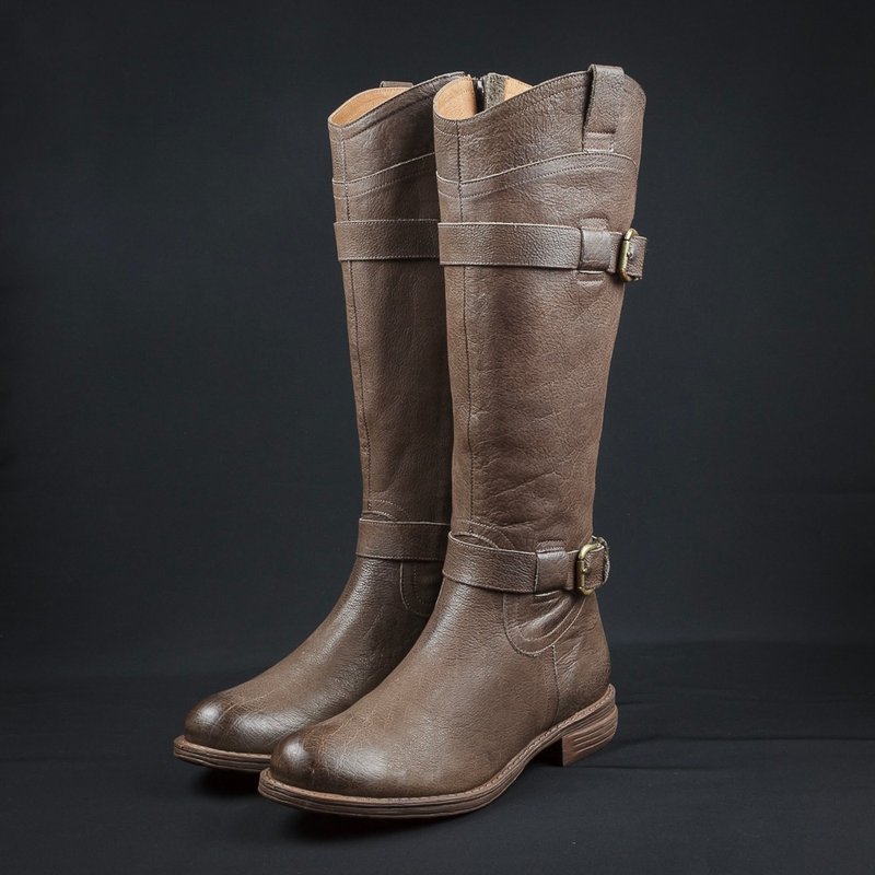 野蛮王妃西部风真皮高筒靴-摩卡咖 - 女款长靴 - 真皮 咖啡色